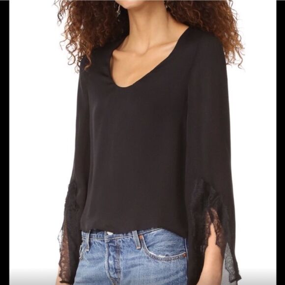 CAMI NYC Flare Lace Sleeve Silk Blouse in Black - Picture 2 of 14